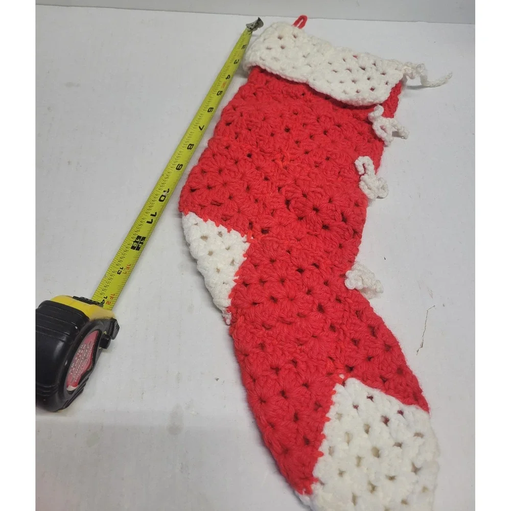 Vintage Handmade Crochet Christmas Stocking Red‎ White Bows Holiday Decor 14.5in